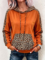 Women's Leopard Print Panel Long-sleeve Casual Loose Hoodie