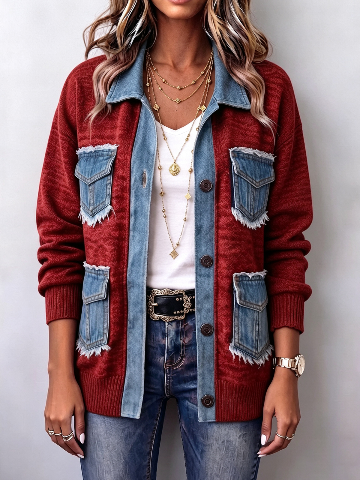 Retro Color-blocked Casual Denim Patchwork Knit Jacket