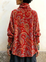 Top da donna in velluto ampio con stampa cachemire vintage a collo alto e maniche lunghe