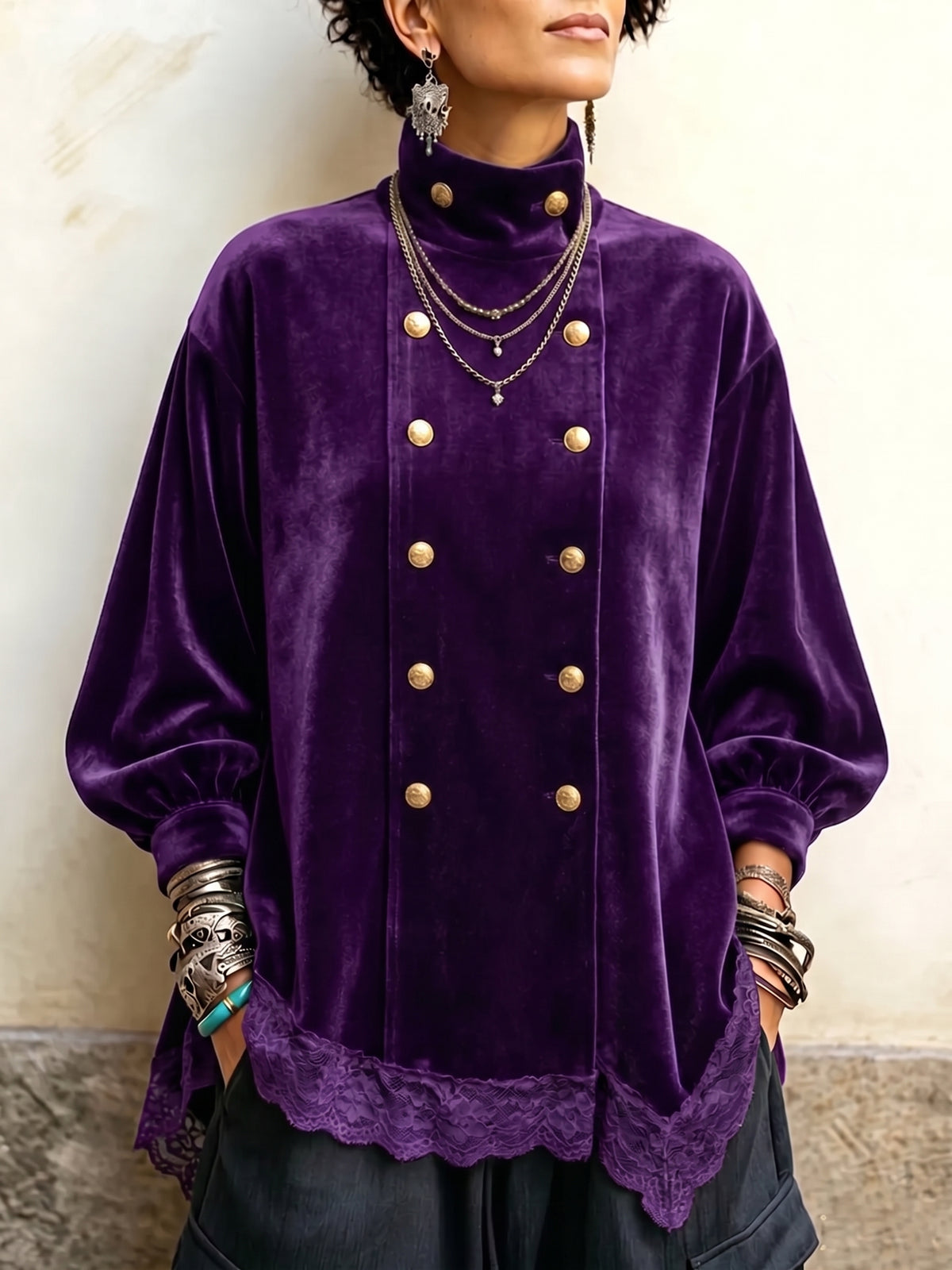 Velvet Top With An Elegant Lace-trimmed Stand Collar