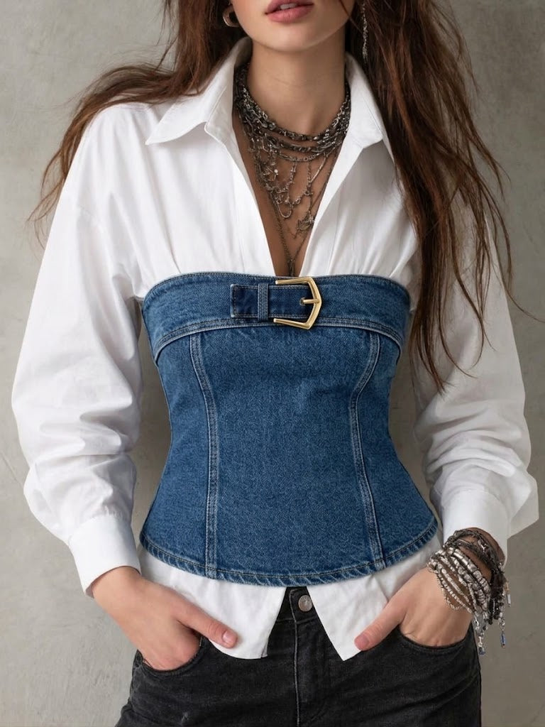 Top "finto strato" con pannelli in denim chic