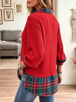 Top in maglia a coste casual con pannelli scozzesi a tema natalizio