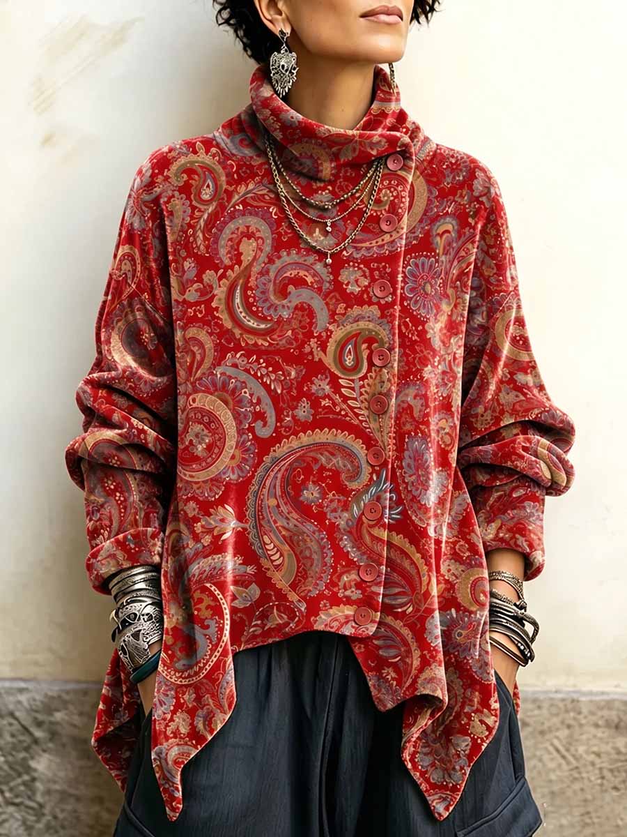 Top da donna in velluto ampio con stampa cachemire vintage a collo alto e maniche lunghe
