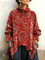 Top da donna in velluto ampio con stampa cachemire vintage a collo alto e maniche lunghe