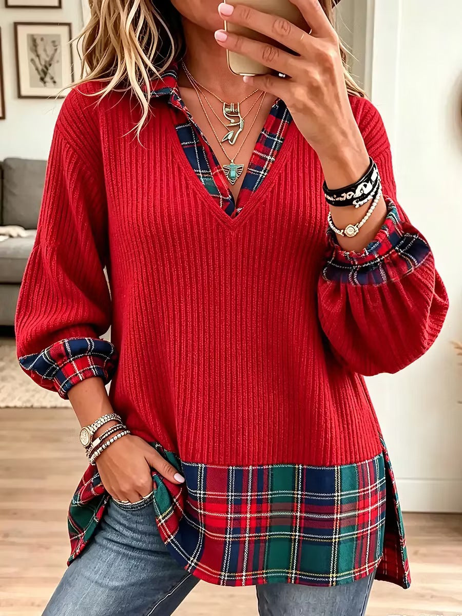 Top in maglia a coste casual con pannelli scozzesi a tema natalizio