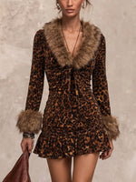 Leopard-print Faux-fur Collar, Drawstring-ruched, Ruffled, Bodycon Mini Skirt