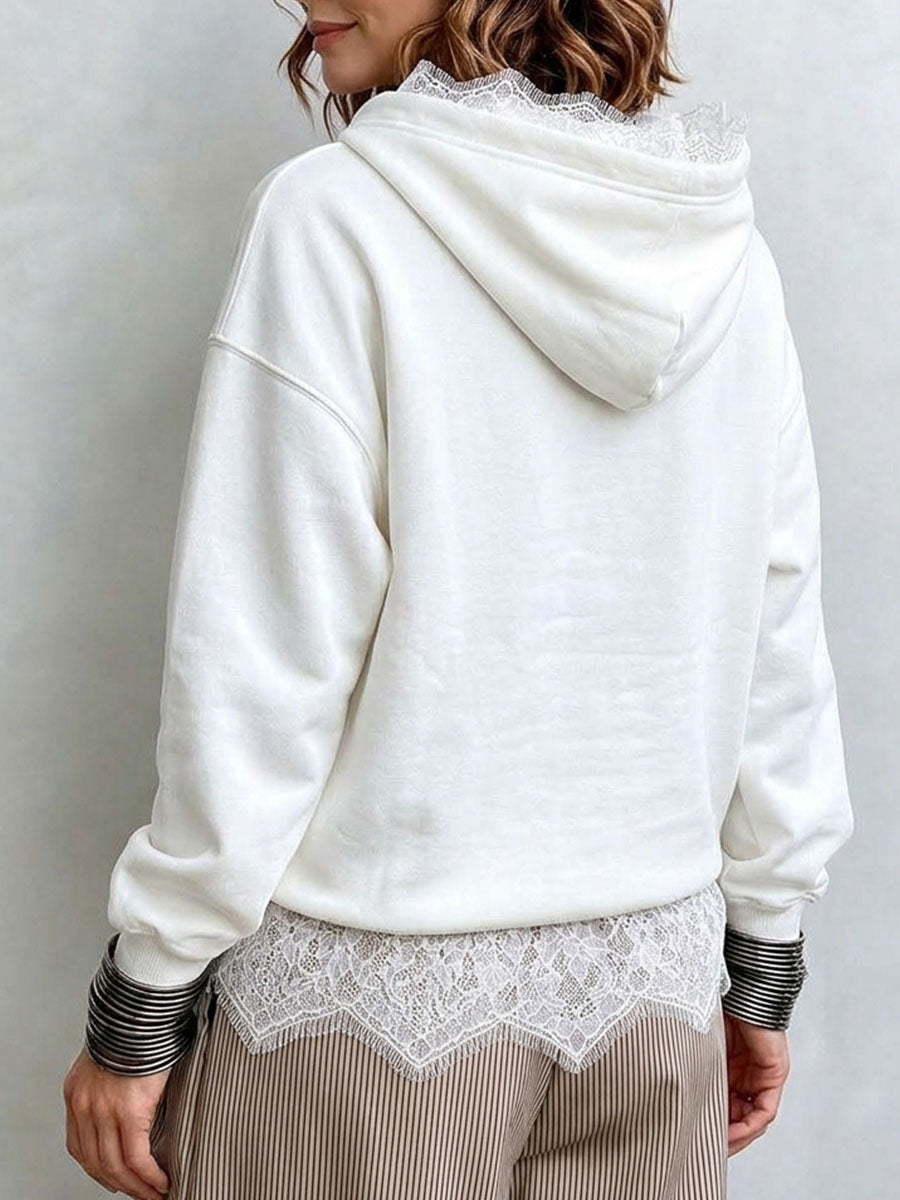 Women's Casual White Pullover Hoodie With Delicate Lace Trim