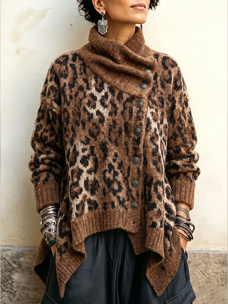 Cardigan asimmetrico con stampa leopardata accogliente