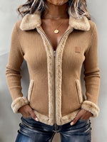 Cozy Faux Fur Trim Ribbed Knit Jacket
