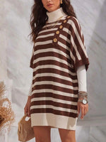 Women's Striped Print Stand-collar 3/4 Sleeve Metal-button Casual Loose Knit Dress