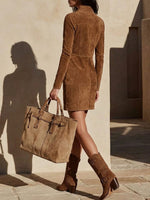 Virina Solida Kolora Reverso Long-maniko Casual Loza Faux Suede Rekte tranĉita Vesto