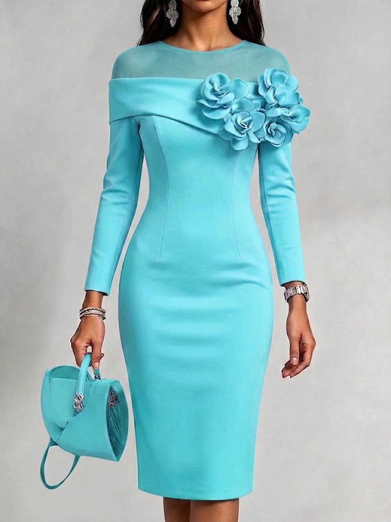 Solid-color, Slim-fit Dress With A Round Neck And 3d Floral Embellishment On The Side