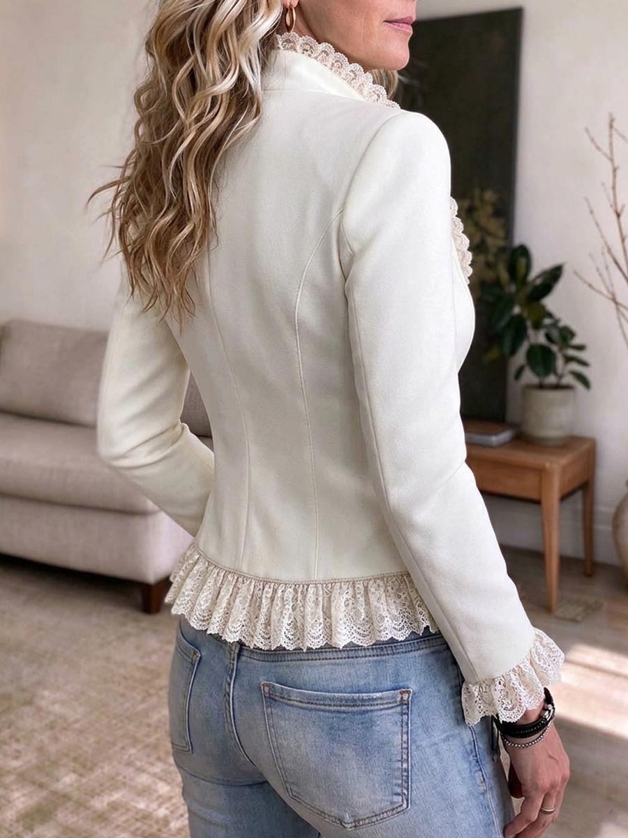 Elegante, weiße, asymmetrische Schößchenjacke mit Spitzenbesatz für Damen