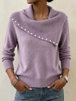 Asymmetric Pearl‑trim Draped Cowl Collar Knit Sweater