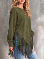 Top da donna con nappe casual allentate a maniche lunghe girocollo in tinta unita