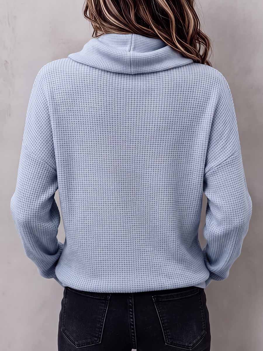 Top de punto tipo gofre holgado de manga larga con cuello vuelto de color liso para mujer