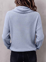 Top de punto tipo gofre holgado de manga larga con cuello vuelto de color liso para mujer