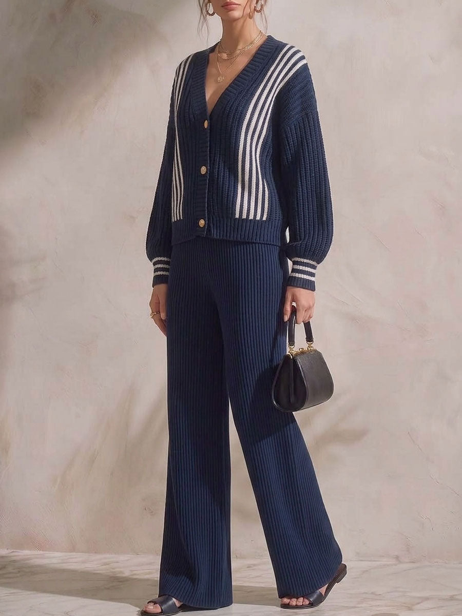 Set casual a maglia larga da donna: cardigan a maniche lunghe con scollo a V e pantaloni a gamba larga a vita alta