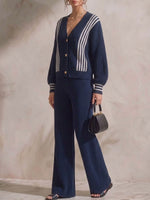 Set casual a maglia larga da donna: cardigan a maniche lunghe con scollo a V e pantaloni a gamba larga a vita alta