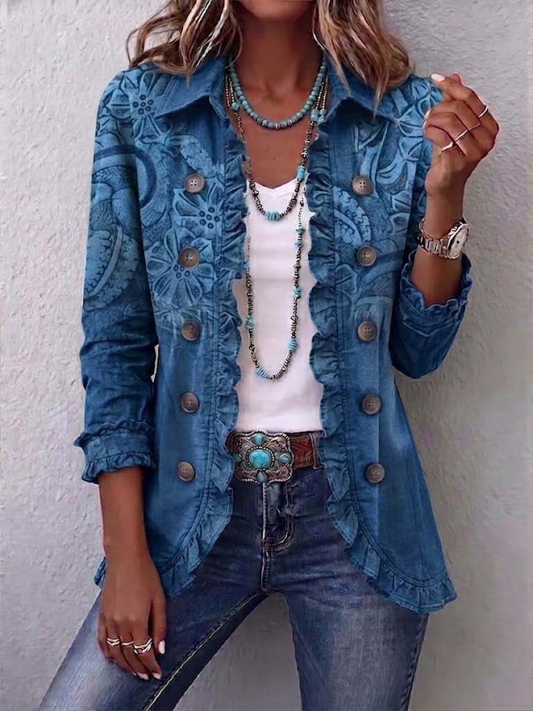 Boho-style Vintage Floral Print Ruffled Jacket