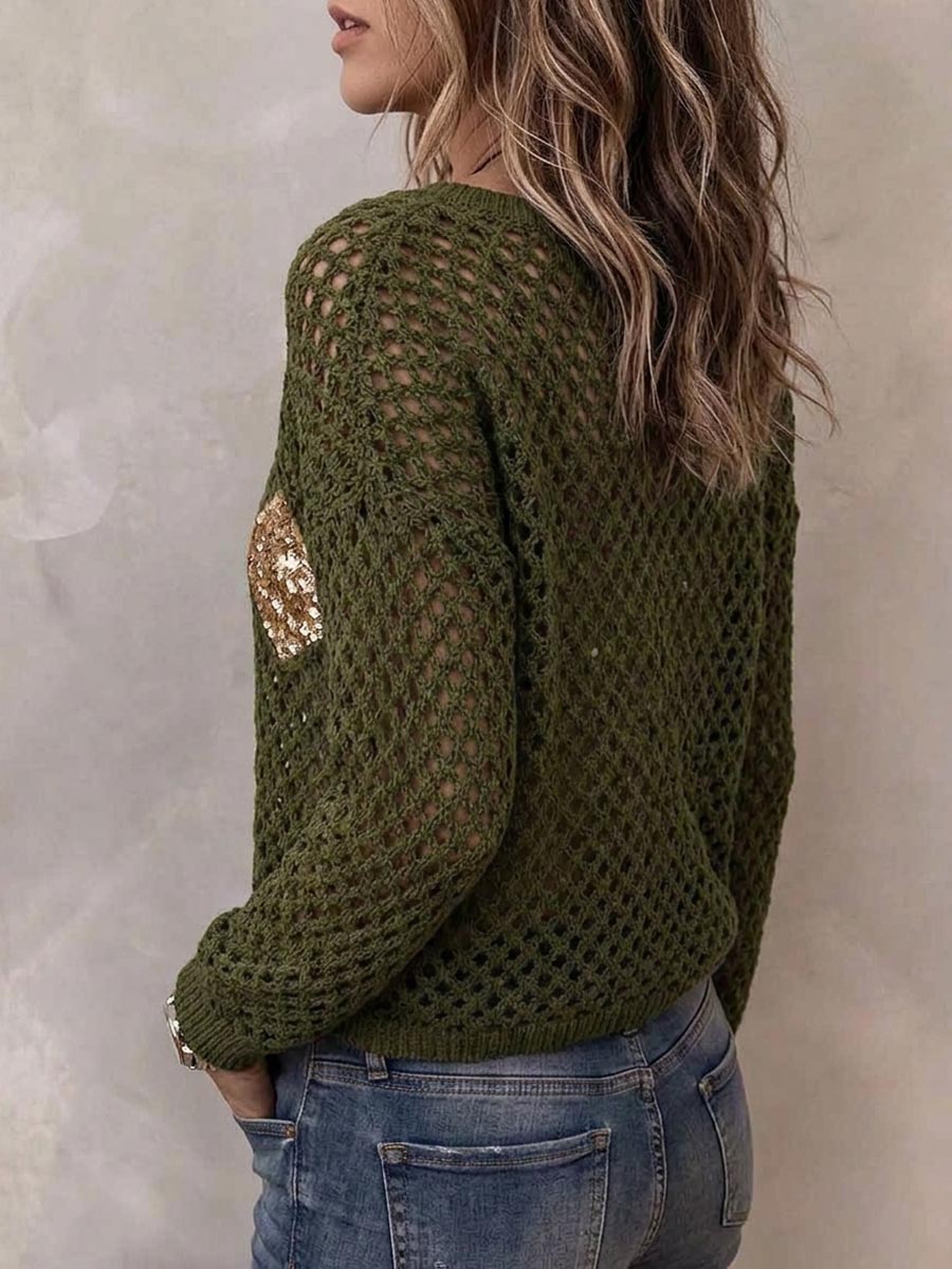 Olivgrüner, ausgehöhlter Häkelpullover für Damen mit Paillettenrauten