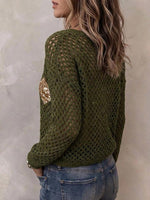 Olivgrüner, ausgehöhlter Häkelpullover für Damen mit Paillettenrauten