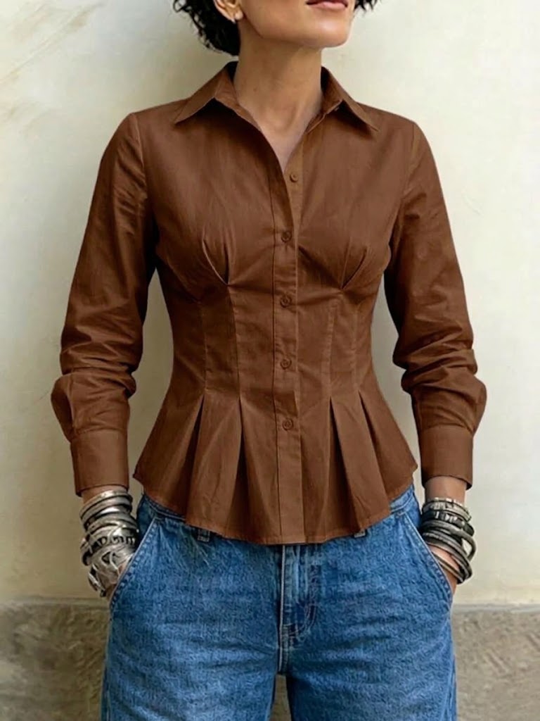 Camisa de manga larga con diseño de cuello, volantes y plisado que se ciñe a la cintura