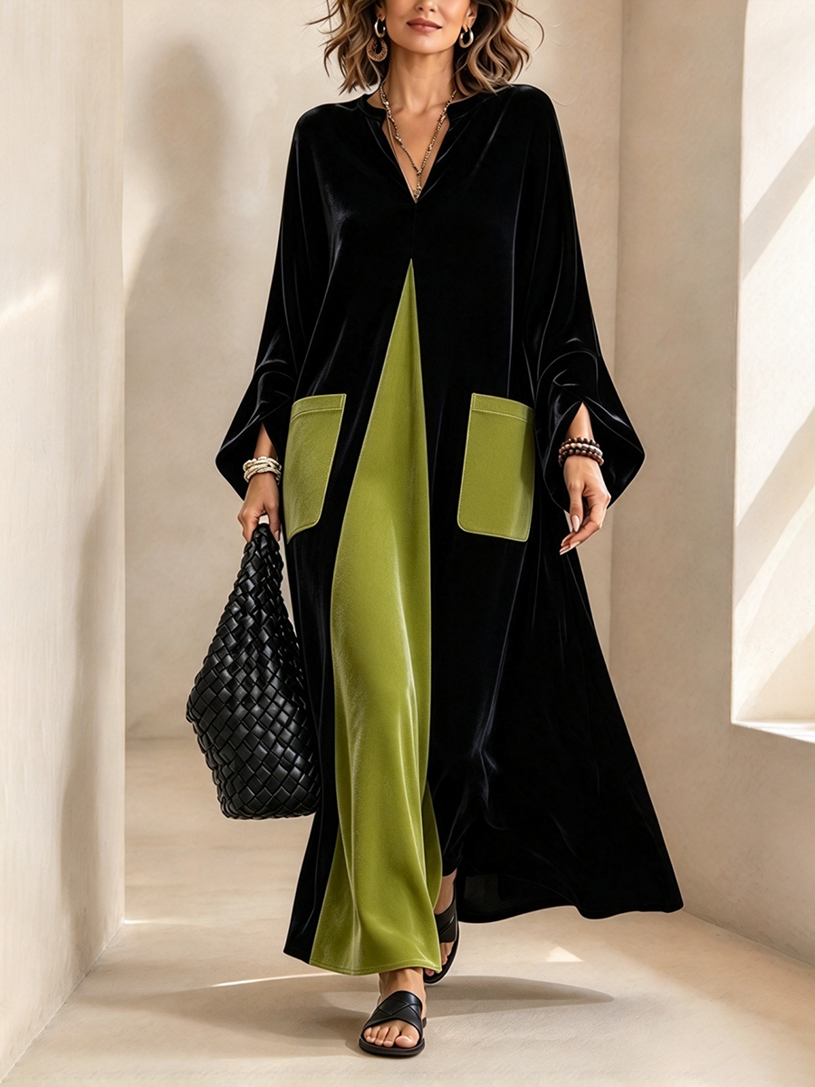 Elegante abito in velluto color block dal taglio artistico