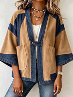 Casual Paneled Faux Suede And Denim Cardigan Jacket