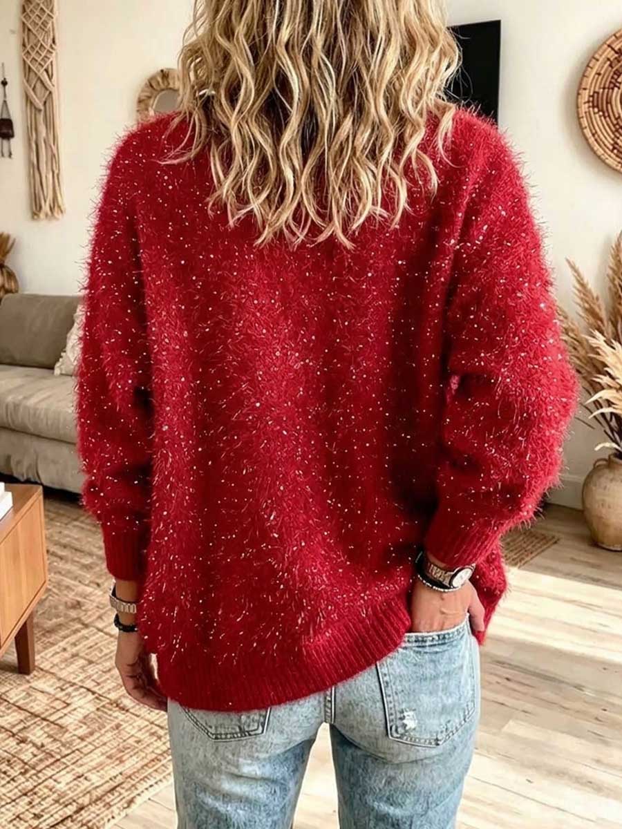 Cardigan abbottonato fuzzy rosso scintillante da donna