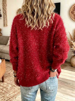 Cardigan abbottonato fuzzy rosso scintillante da donna