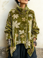 Chic Maple Leaf Print Velvet Asymmetric Fall Winter Pullover Top