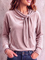 Women's Solid Color Round Neck Tie-waist Long Sleeve Casual Loose Velvet Top