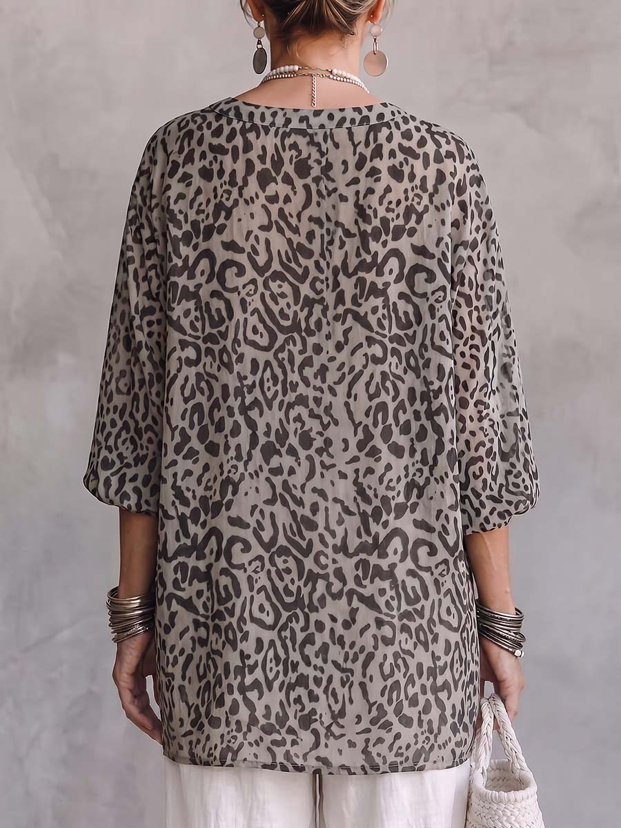 Women's Abstract Print Crew Neck 3/4 Sleeve Casual Loose Cotton Linen Top