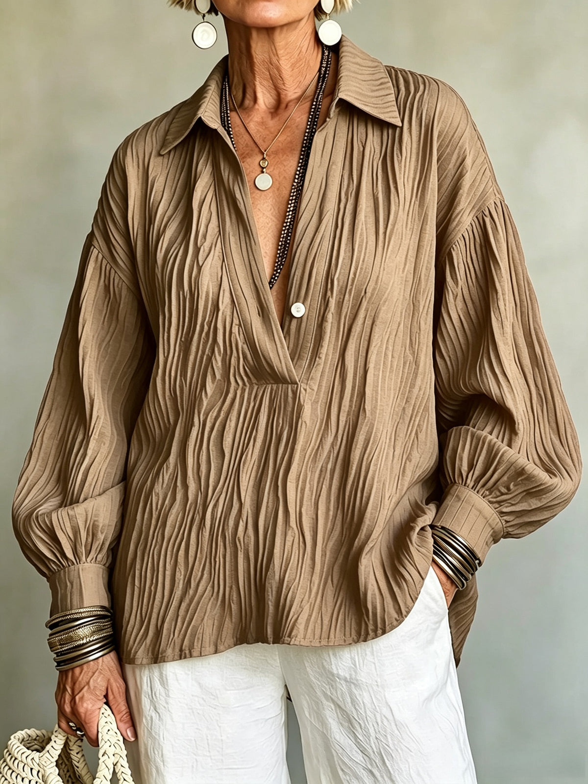 Elegant Burgundy Crinkled V-Neck Blouse