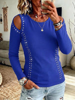 Women's Solid Color Crew Neck Cold-Shoulder Long-Sleeve Loose Casual Rhinestone-Embellished Top