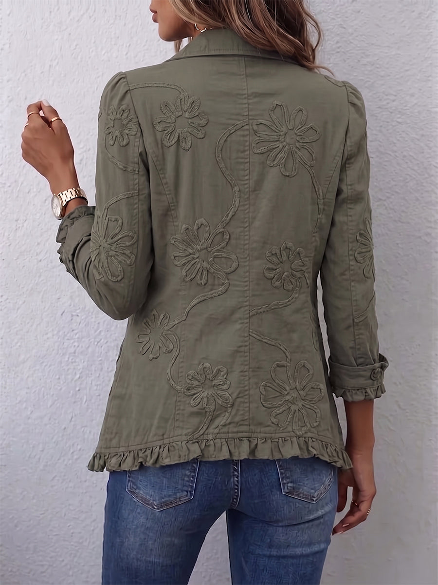 Boho-chic Floral Embroidered Utility Ruffled Trim Jacket
