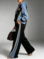 Chic Denim-Splice Sporty Tracksuit Set