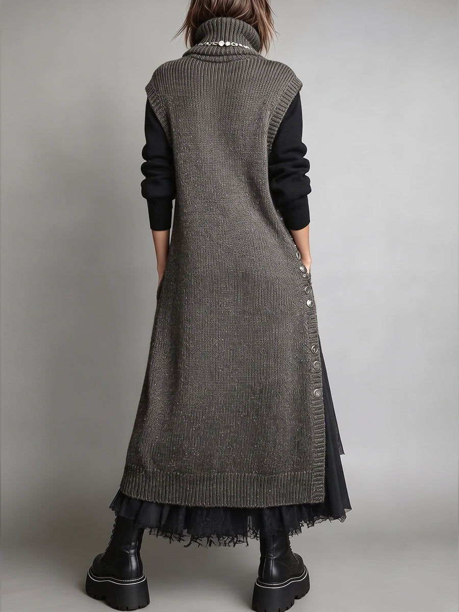 Elegant Ribbed Knit Side-Button Turtleneck Tunic