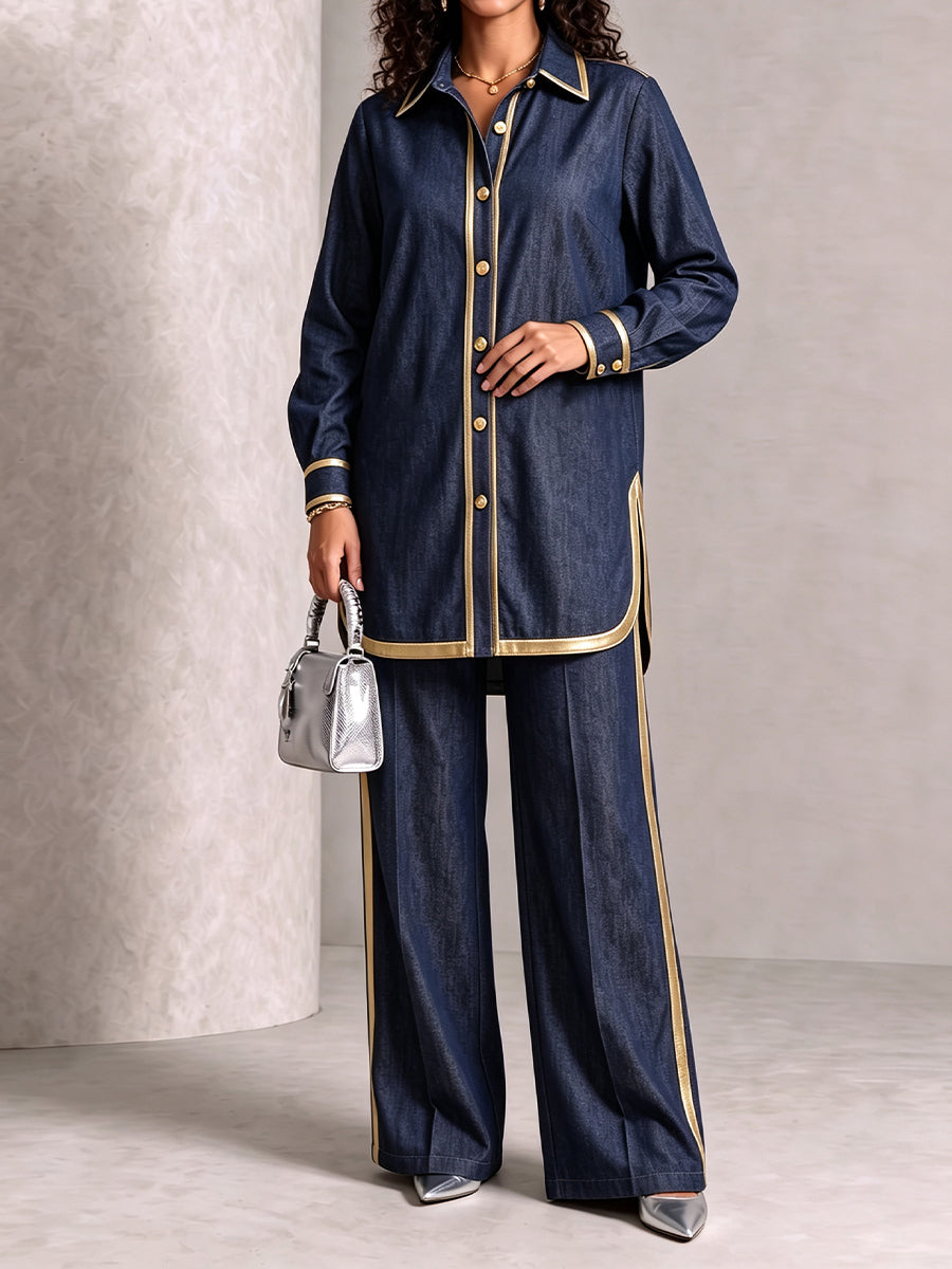 Elegant Denim Gold-Trimmed Two-Piece Set
