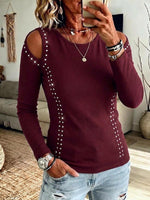 Women's Solid Color Crew Neck Cold-Shoulder Long-Sleeve Loose Casual Rhinestone-Embellished Top
