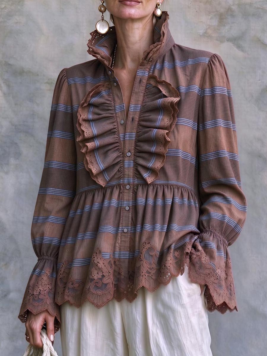 Virina Vintage Stria Bluzo Kun Punta Bordo Kaj Volanta Fronto