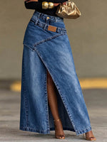 Women's high-waisted loose-fitting casual denim slit skirt