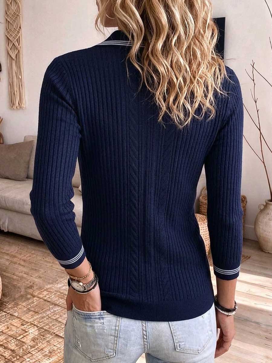 Striped Trim V-neck Ribbed Polo Sweater