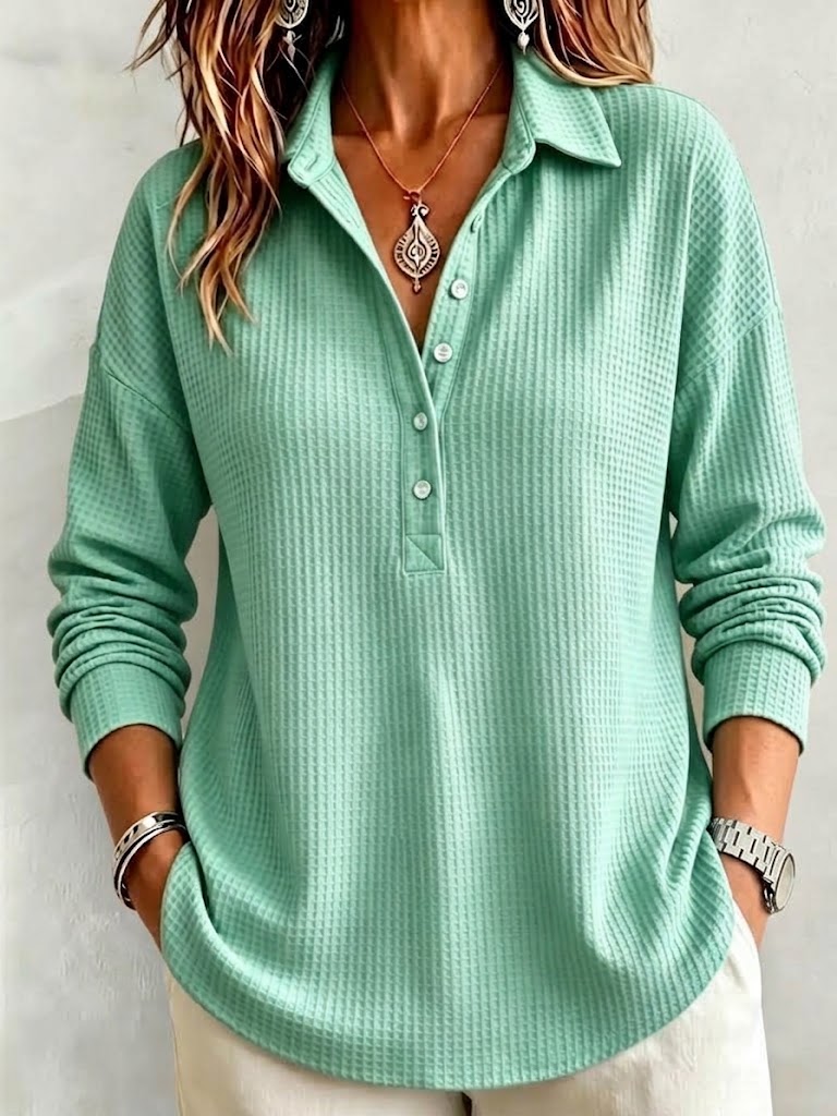 Waffle-knit Collared Long-sleeve Top With A Relaxed Fit
