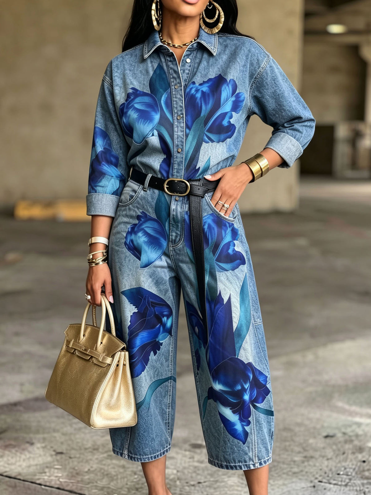 Artistic Denim Jumpsuit With Bold Blue Floral Print