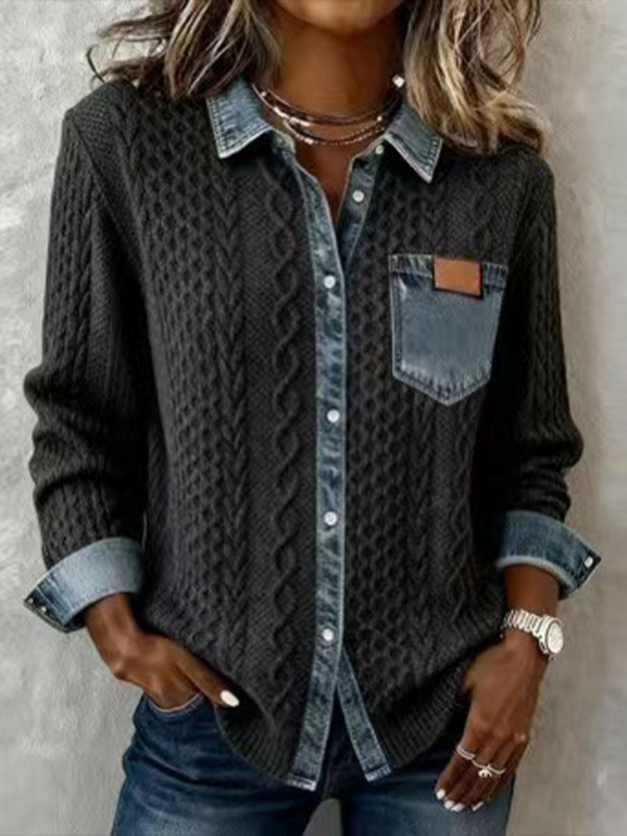 Suéter con botones y patchwork de mezclilla tejido de cable para mujer