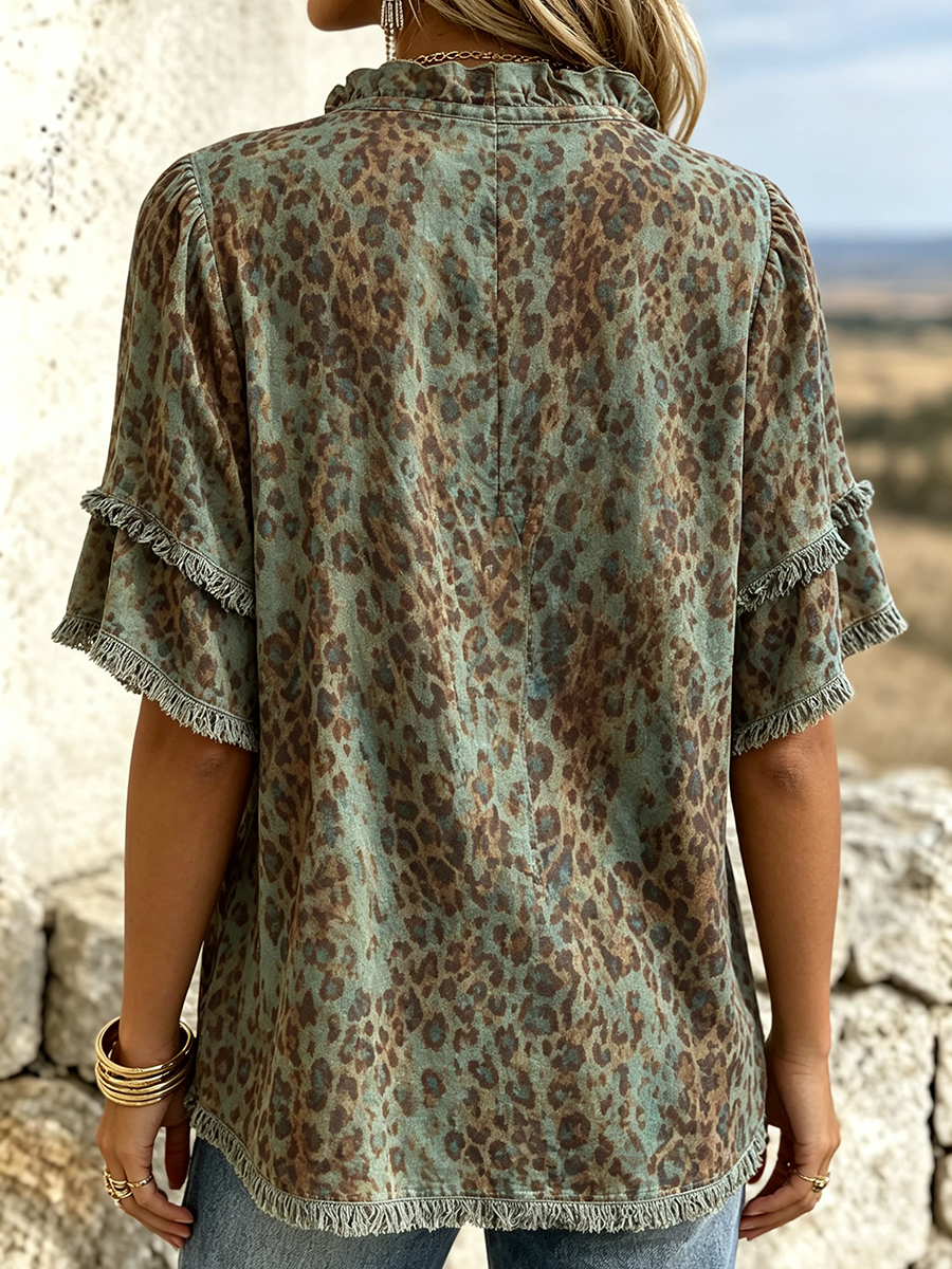 Boho Casual Vacation Leopard Print Ruffled Short-sleeve Top