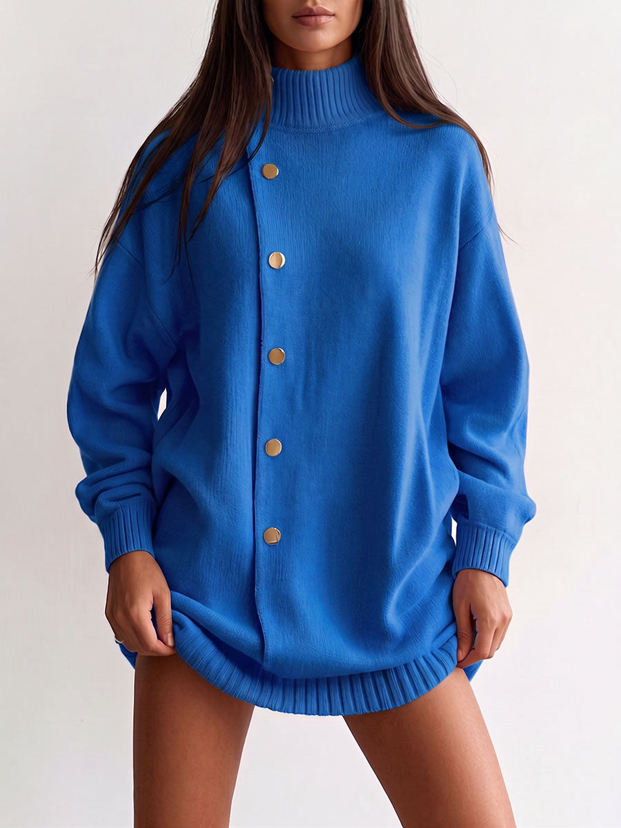 Women's Solid Color Stand Collar Long Sleeve Casual Loose Knit Sweater