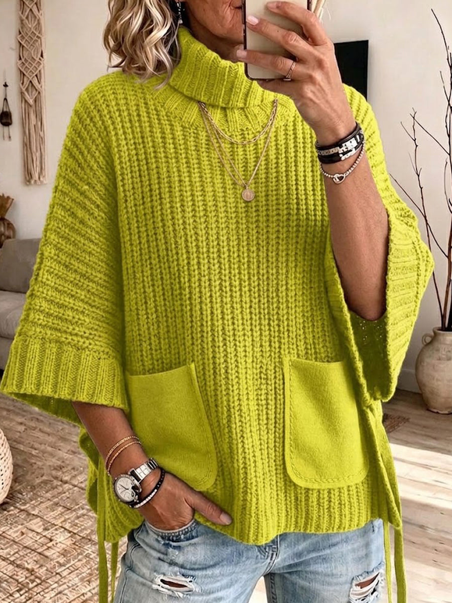 High-neck, Wide-sleeve Knitted Cape Top With Pockets